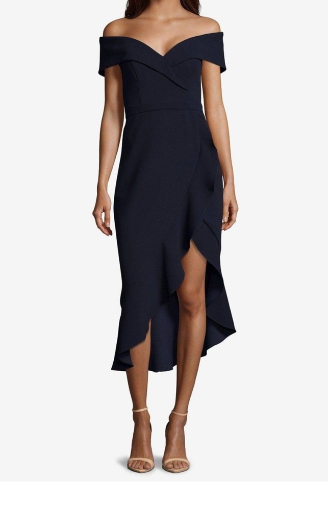 Xscape Off Shoulder Ruffled Midi Dress